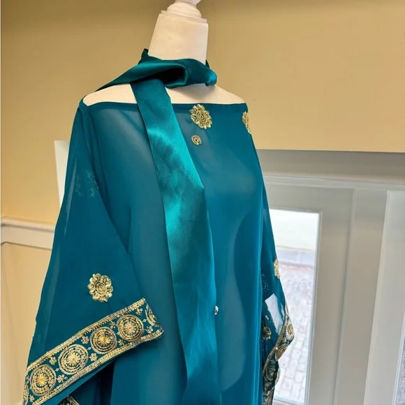 Elegant Teal Embroidered sheer Women's Dress